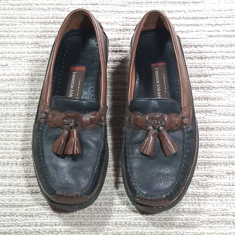 johnston & murphy mens 11.5 m two tone black brown leather tassel loafers shoes